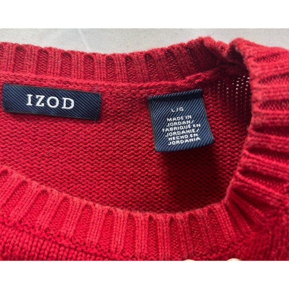 IZOD Sweater Cable Red Pullover Long Sleeve Cotton Crew Neck Mens Large - Picture 2 of 7